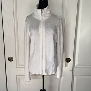 VINTAGE EDDIE BAUER SPORT WHITE KNIT RIBBED ZIP UP SWEATER APRES SKI